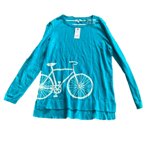 Crown & Ivy Teal Bicycle Graphic Sweater Lightweight Knit Long Sleeve SIZE M